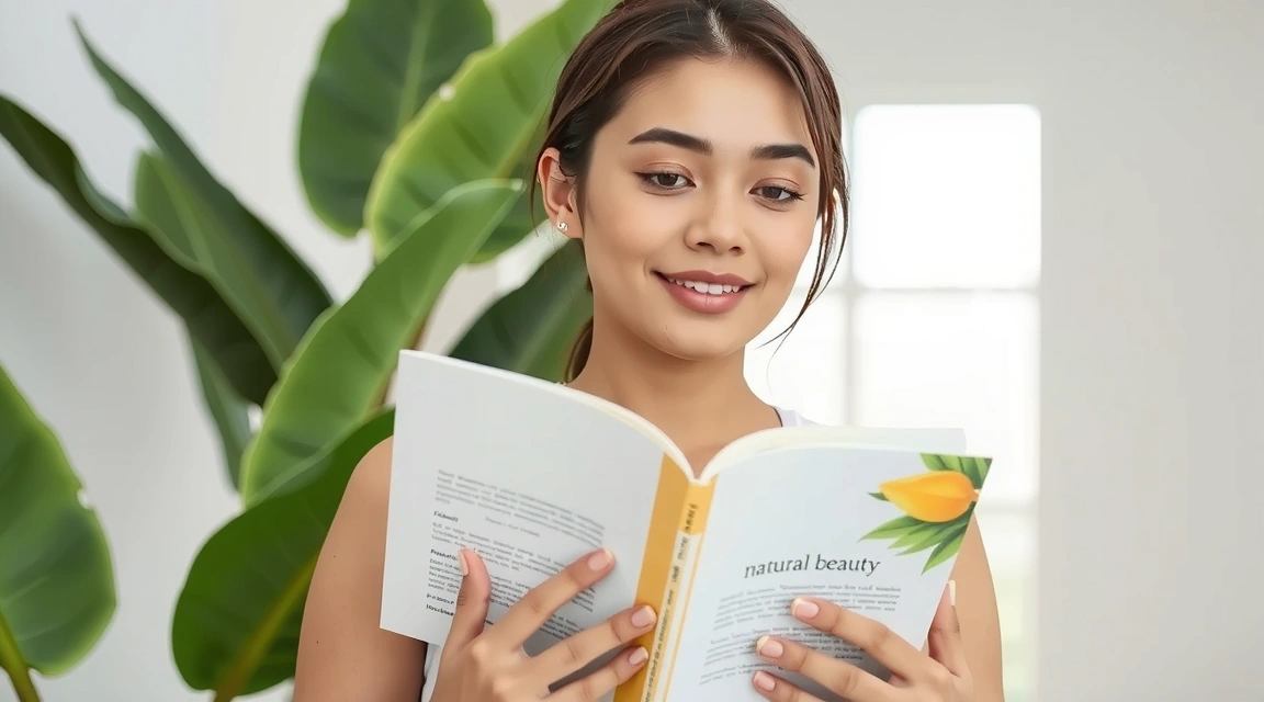 A woman with glowing skin reading a book about natural beauty, surrounded by lush green plants and natural light. Her face shows a serene and healthy complexion.
