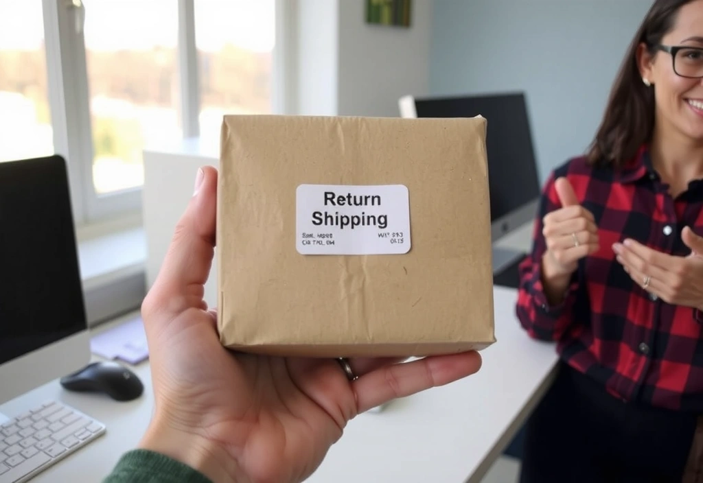 A hand holding a package with a return label