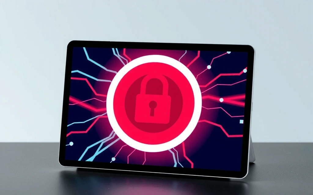 Digital padlock icon on a screen with abstract data flowing, symbolizing secure data protection.