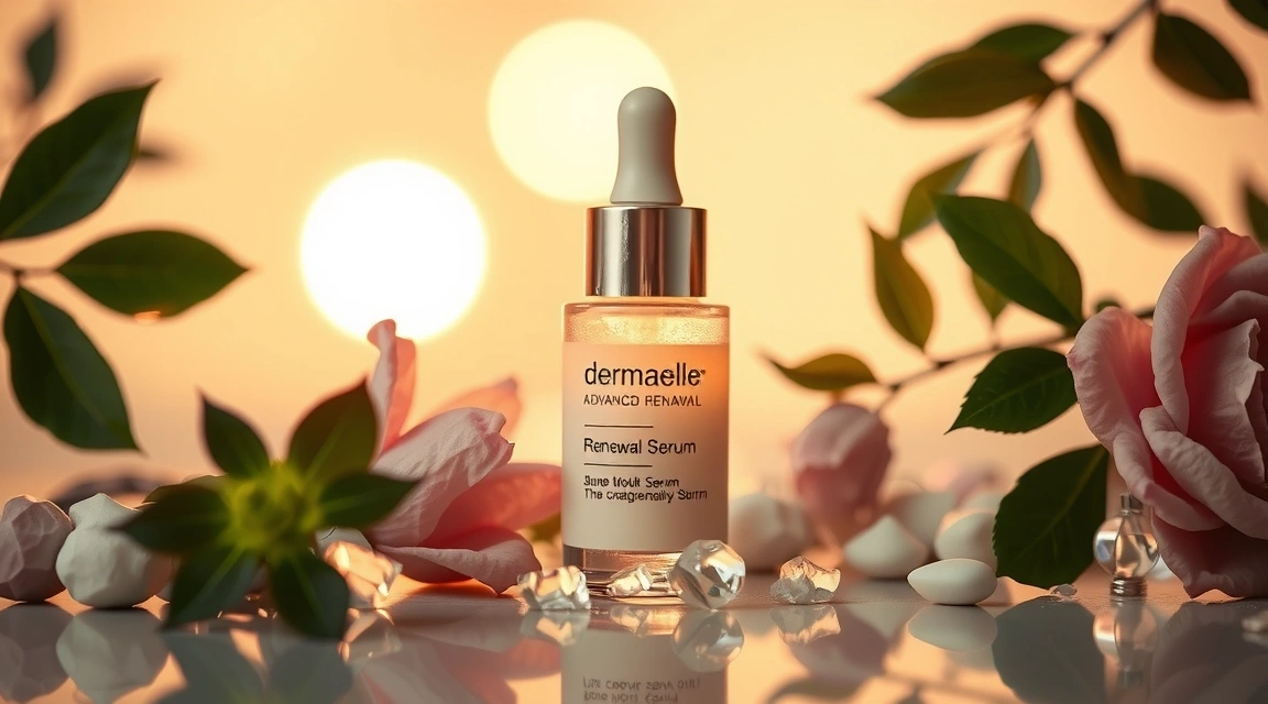 Dermaelle Advanced Renewal Serum bottle with glowing effect