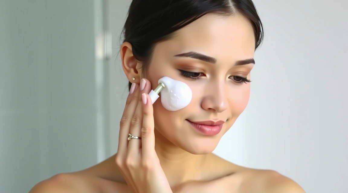 Woman applying serum to her face