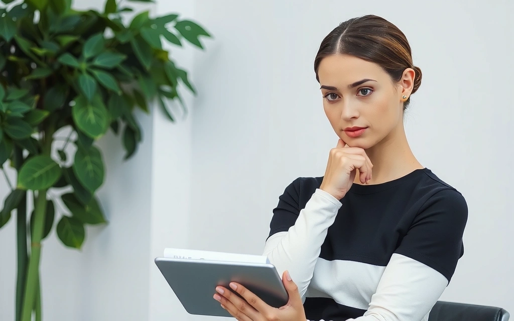 Woman reading terms and conditions on a tablet, looking thoughtful